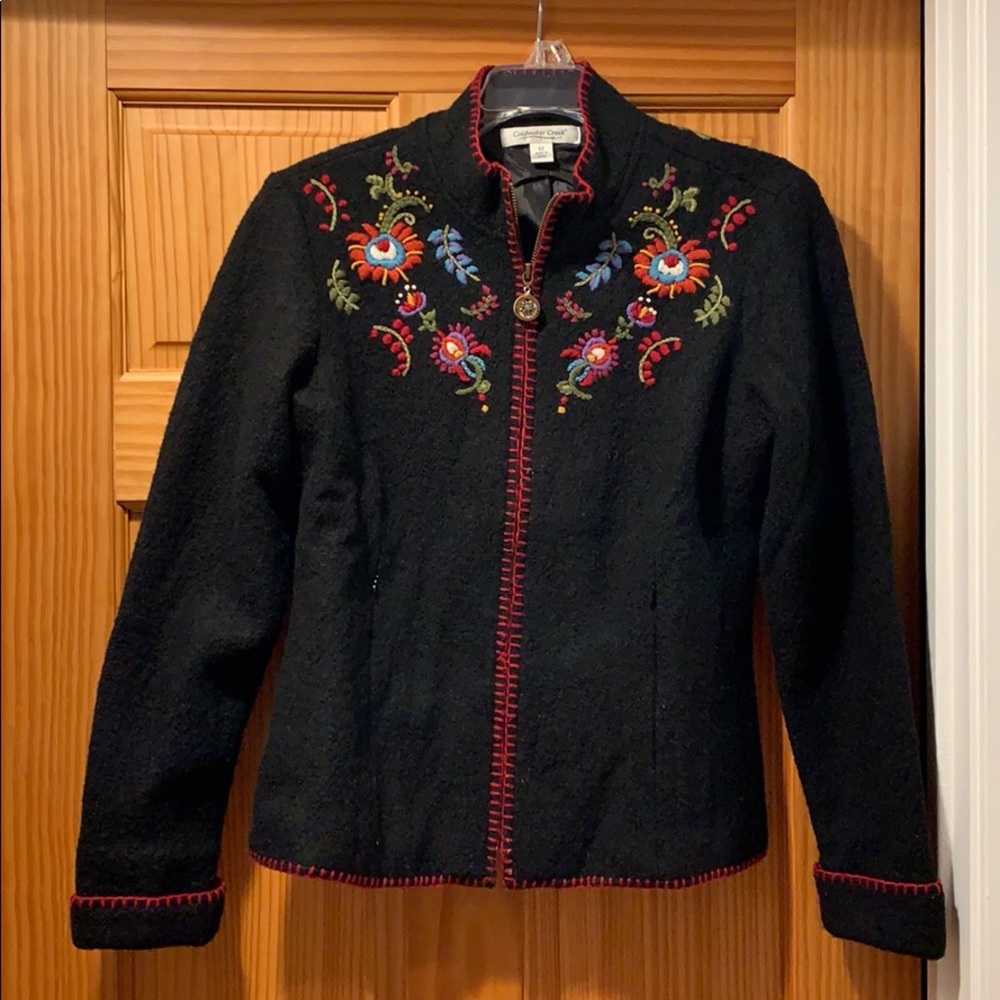 Black Wool Jacket with Embroidered Flowers, XS